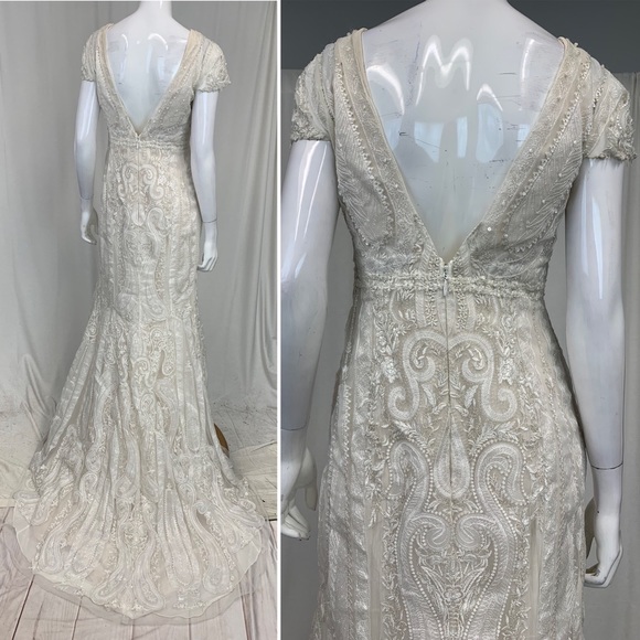 Melissa Sweet 8 Lace Embroidered Ivory Illusion Sequin Train Wedding Gown Dress - Picture 11 of 15